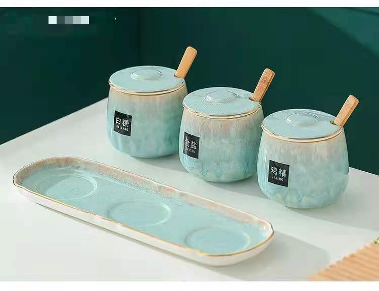 Japanese-style kitchen kiln transformation seasoning jar set, underglaze painted ceramic household combination seasoning box, salt and sugar seasoning bottle detail image 3