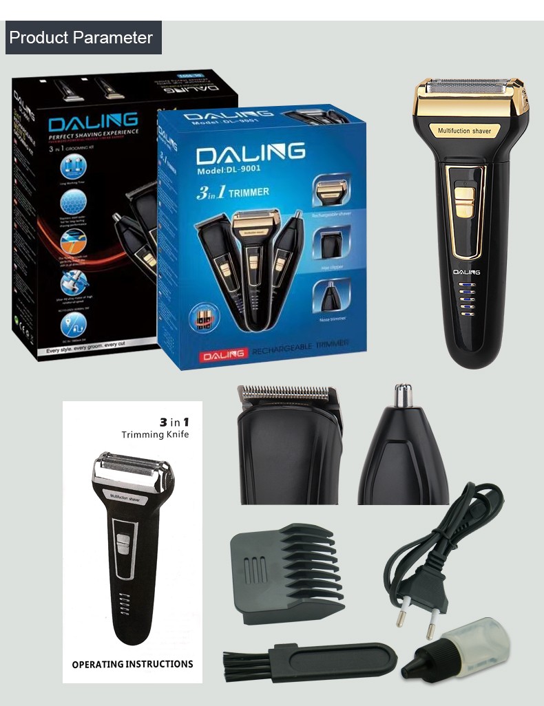 DALING Electric shaver, reciprocating beard razor, DALING-9001 three-in-one multi-functional rechargeable Razor, men's hair clipper, wholesale for export detail image 14