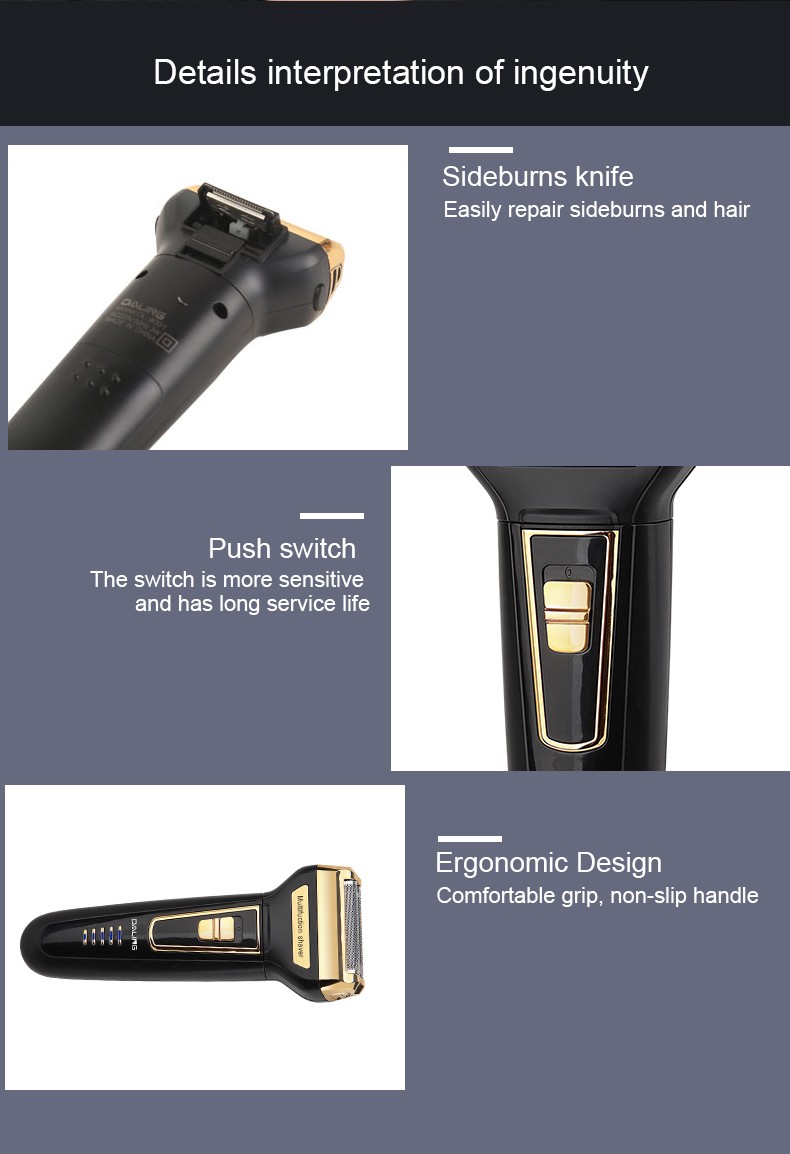 DALING Electric shaver, reciprocating beard razor, DALING-9001 three-in-one multi-functional rechargeable Razor, men's hair clipper, wholesale for export detail image 12