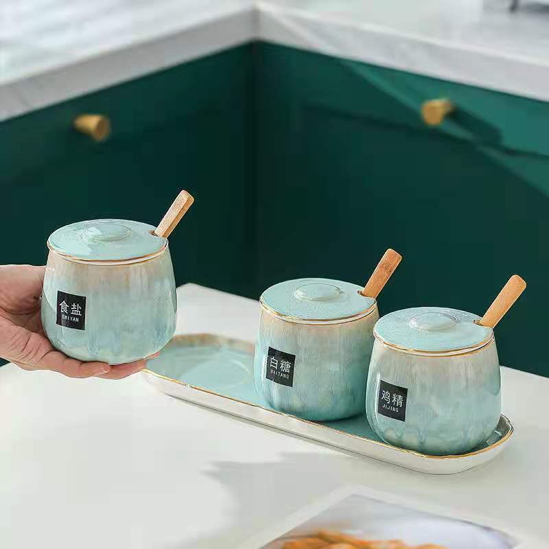 Japanese-style kitchen kiln transformation seasoning jar set, underglaze painted ceramic household combination seasoning box, salt and sugar seasoning bottle