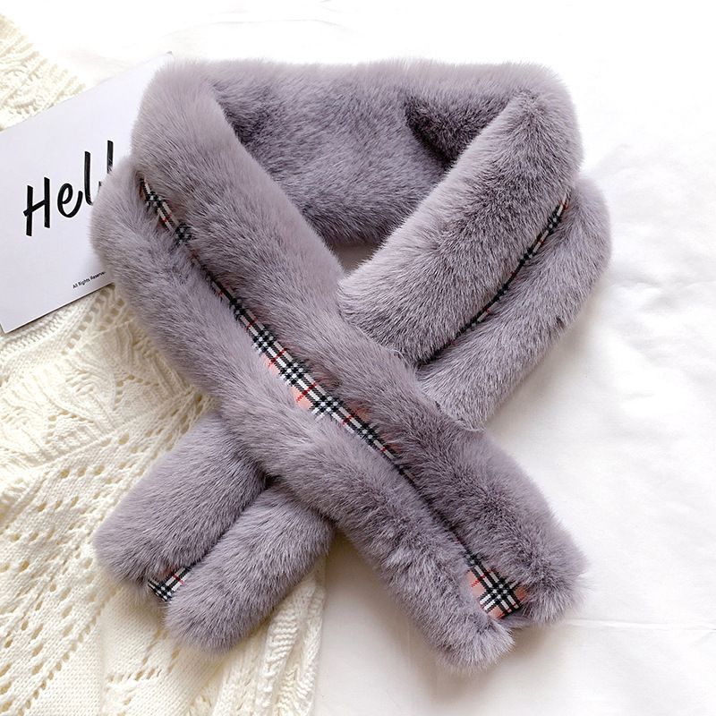 Jane Eyre's new autumn and winter Korean-style British checkered woolen scarf for women, a warm faux rabbit fur cross-neck scarf Item Picture