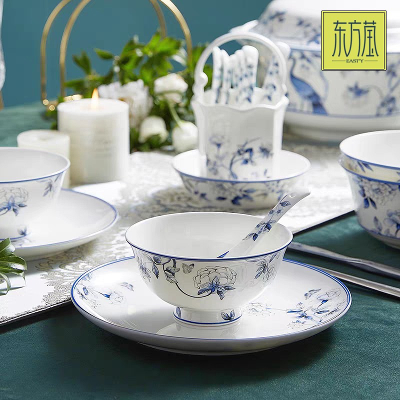 Ceramic tableware evening plate set, set bowl, gift bowl, bone China bowl, tableware, medium tableware set, dare to be bone China tableware set, rice bowl set, new Chinese style peacock picture blue and white bone China plate detail image 4