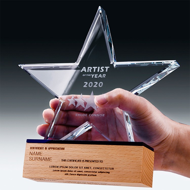Customized crystal glass five-pointed star crystal trophies, creative engraving, outstanding employee MEDALS, competition souvenirs production detail image 4