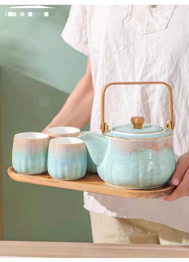 窑变釉撞色家用茶具套装创意礼品带托盘茶具一壶四杯陶瓷茶具礼盒详情图5