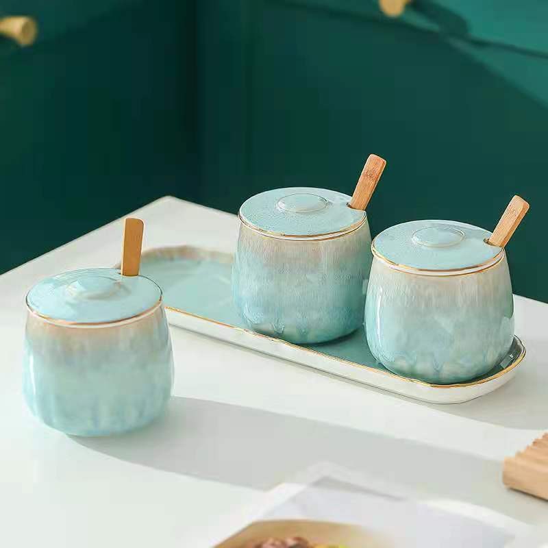 Japanese-style kitchen kiln transformation seasoning jar set, underglaze painted ceramic household combination seasoning box, salt and sugar seasoning bottle detail image 6