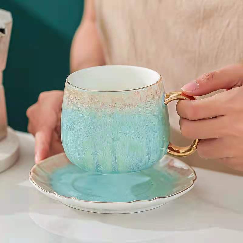 福韵系列窑变撞色彩绘金品咖啡杯 创意圈金渐变陶瓷马克杯茶杯碟详情图2