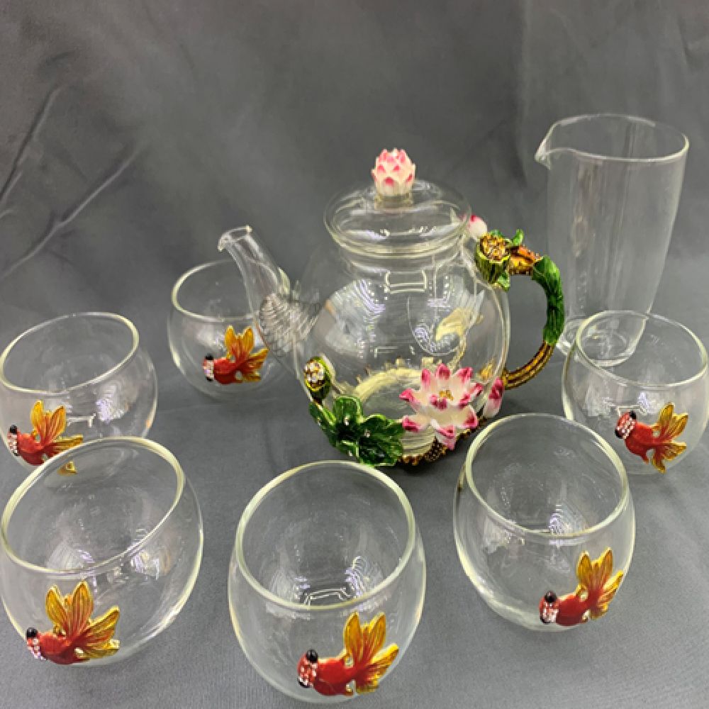 荷塘月色 镶花彩绘 茶具8件套 水晶 玻璃 透明茶具  荷塘月色 镶花彩绘 茶具8件套