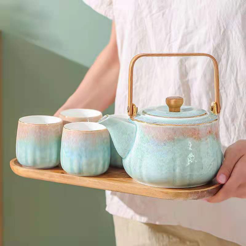 窑变釉撞色家用茶具套装创意礼品带托盘茶具一壶四杯陶瓷茶具礼盒