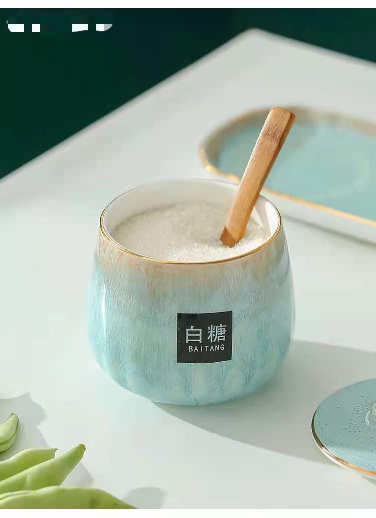 Japanese-style kitchen kiln transformation seasoning jar set, underglaze painted ceramic household combination seasoning box, salt and sugar seasoning bottle detail image 9
