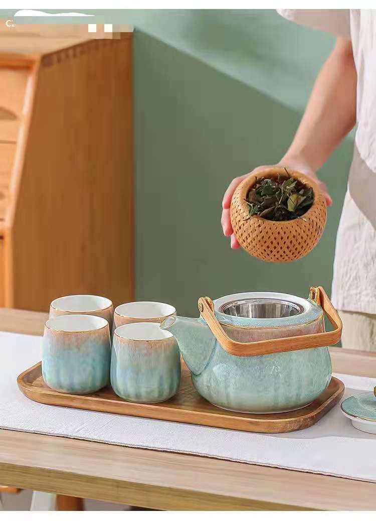 窑变釉撞色家用茶具套装创意礼品带托盘茶具一壶四杯陶瓷茶具礼盒详情图2