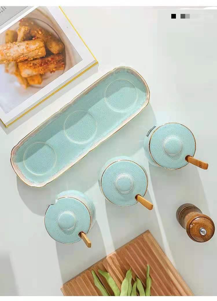 Japanese-style kitchen kiln transformation seasoning jar set, underglaze painted ceramic household combination seasoning box, salt and sugar seasoning bottle detail image 2