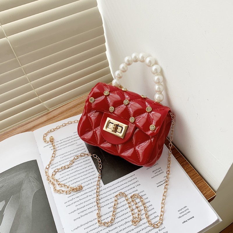 Mini Bag Women's Bag Summer Diamond Nail Pvc Colored Jelly Bag Pearl Pocket Red Cross Body Bag undefined
