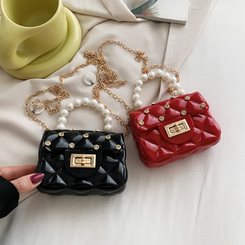 Mini Bag Women's Bag Summer Diamond Nail Pvc Colored Jelly Bag Pearl Pocket Red Cross Body Bag undefined