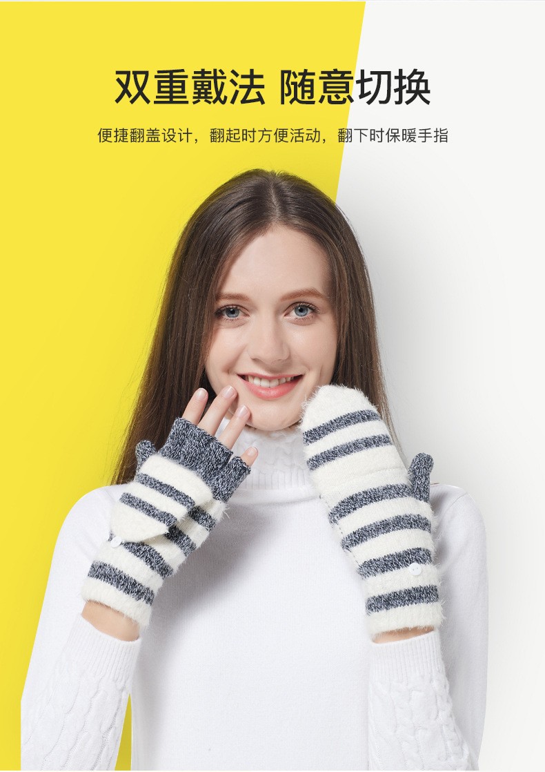 冬季手套情侣半指翻盖两用手套毛线针织学生写字针织手套保暖手套详情图6