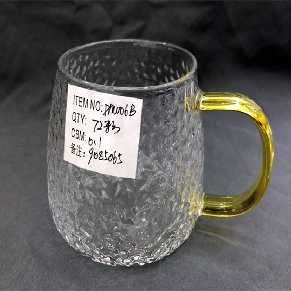 冰川纹带手把黄色水杯 牛奶杯 水晶 玻璃 杯子 透明冰川纹带手把黄色水杯 茶杯