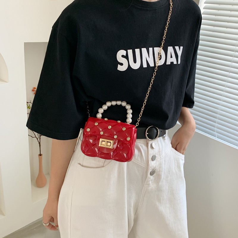 Mini Bag Women's Bag Summer Diamond Nail Pvc Colored Jelly Bag Pearl Pocket Red Cross Body Bag Specification drawing