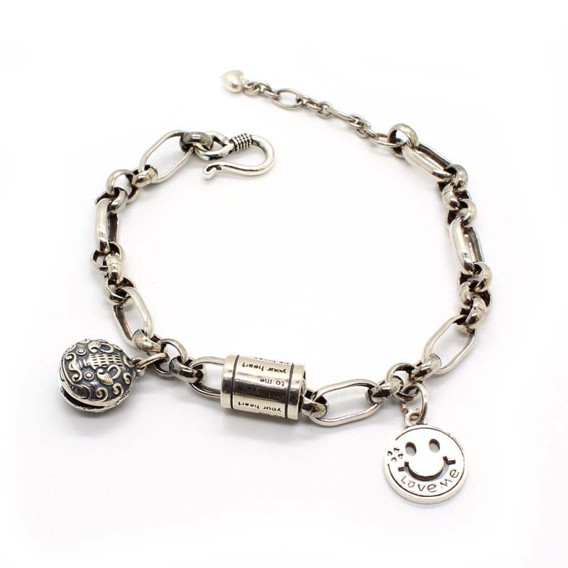 s925 Silver bracelet retro hanging tiger head bell Thai silver ornaments men and women smiling face simple personality students ins thumbnail