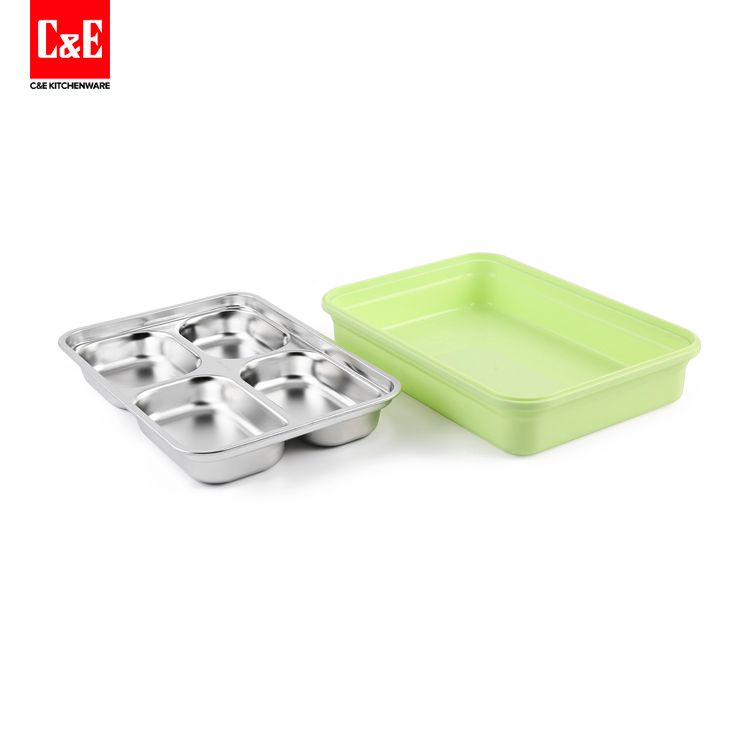 *C&E Chuangyi Kitchenware Medium Three-Color Lunch Box Four Compartments 304 Stainless Steel Inner Container Food-Grade Pp Outer Box Insulation Sealed Leakproof Item Picture
