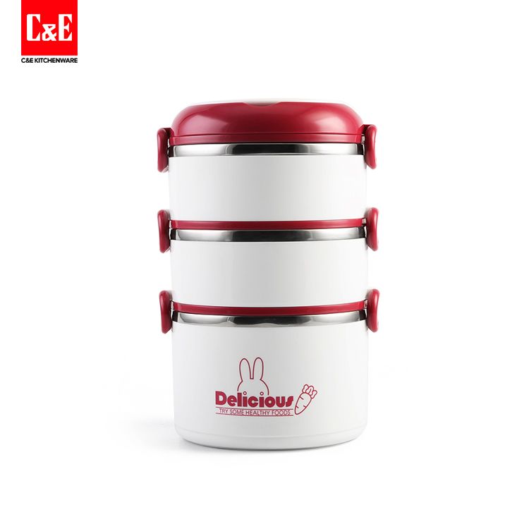 C&E 创艺厨具苏兰特三层 便当盒 2.4L 大容量耐酸碱耐腐保温密封防漏304不锈钢 饭盒 餐具