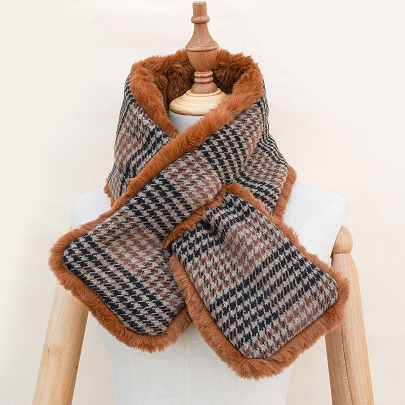 Jane Eyre Siyuan 2022 Korean Version Autumn and Winter Warm thickened fleece Imitation Rabbit Fur Scarf, Women's cross scarf, checkered fur scarf details Picture