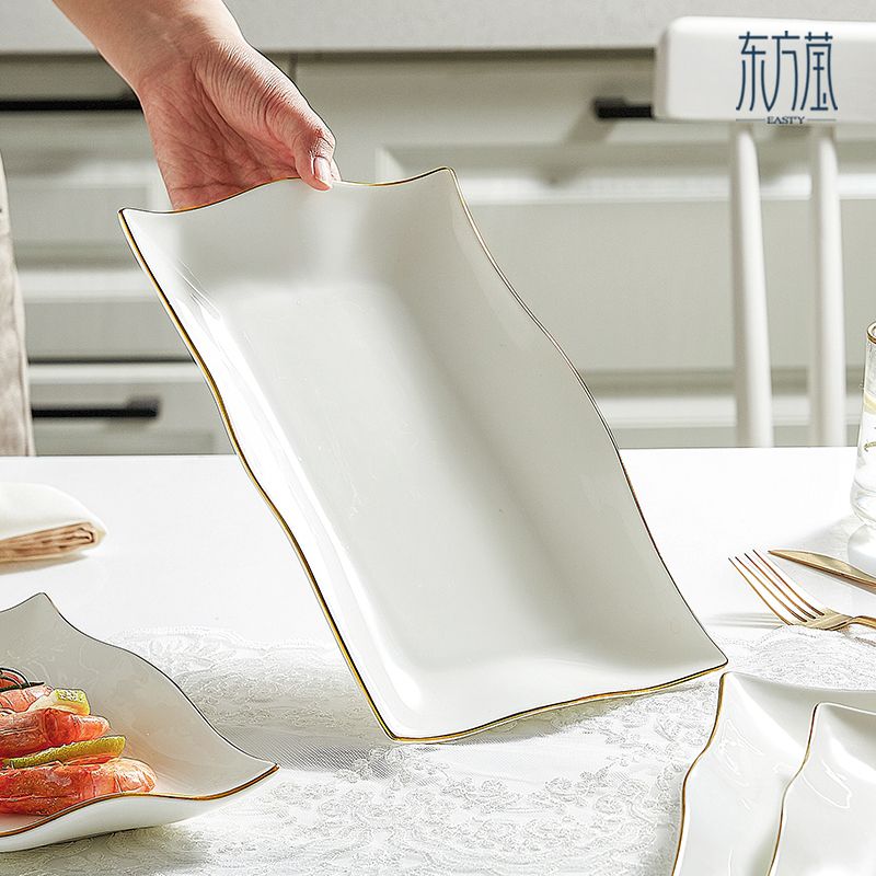 Ceramic plates, fish plates, bone China long plates, lace fish plates, wavy fish plates, irregular-shaped plates, high-appearation-level fish plates, household tableware Specification image