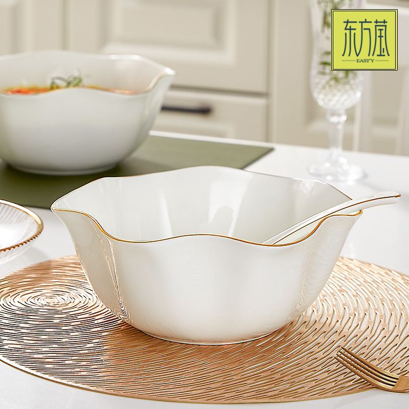 Ceramic bowls, bone China bowls, large soup bowls, fruit salad bowls, Western-style bowls, pork rib bowls, rice basins, household lace bowls, large-capacity soup bowls details Picture