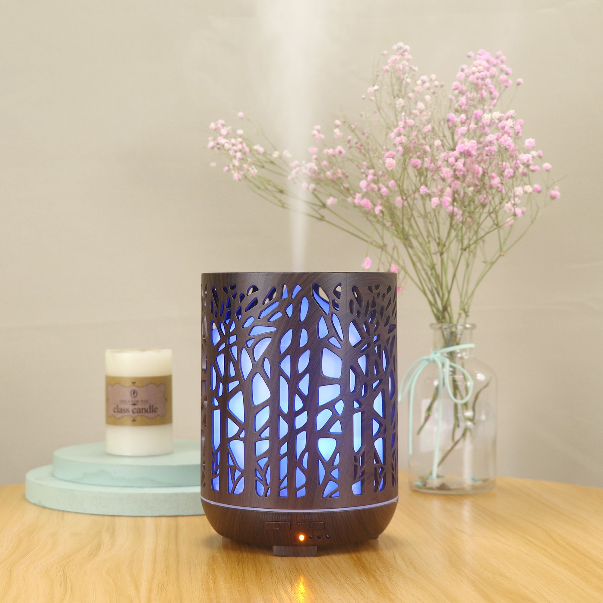 300ML wood grain forest hollowed-out humidifier with seven-color light aroma diffuser