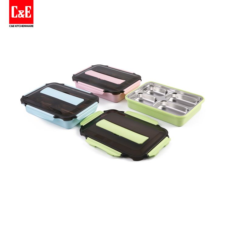 *C&E Chuangyi Kitchenware Medium Three-Color Lunch Box Four Compartments 304 Stainless Steel Inner Container Food-Grade Pp Outer Box Insulation Sealed Leakproof Specification drawing