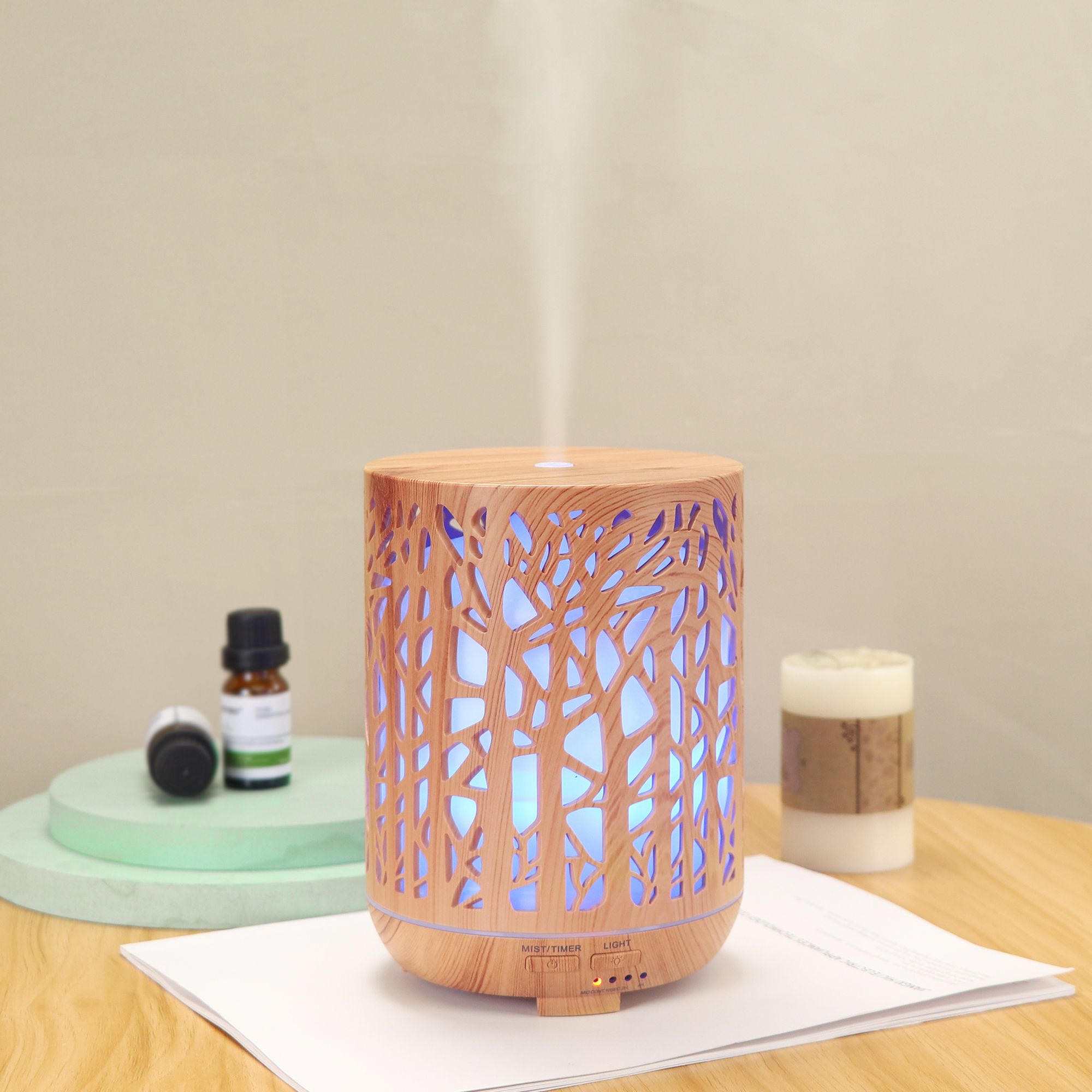 300ML wood grain forest hollowed-out humidifier with seven-color light aroma diffuser Item Picture