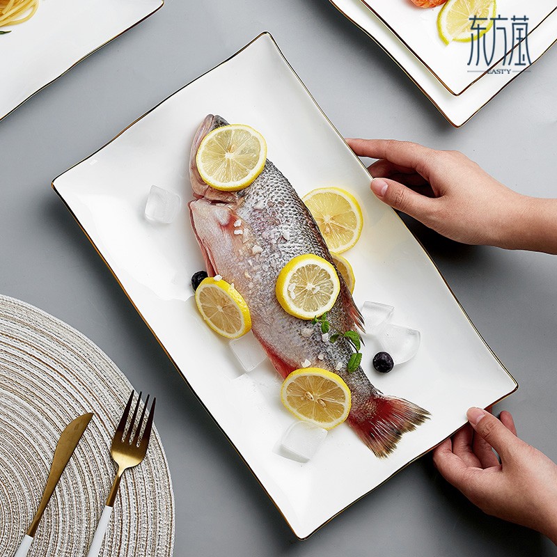 Ceramic plates, fish plates, bone China long plates, lace fish plates, wavy fish plates, irregular-shaped plates, high-appearation-level fish plates, household tableware detail image 7