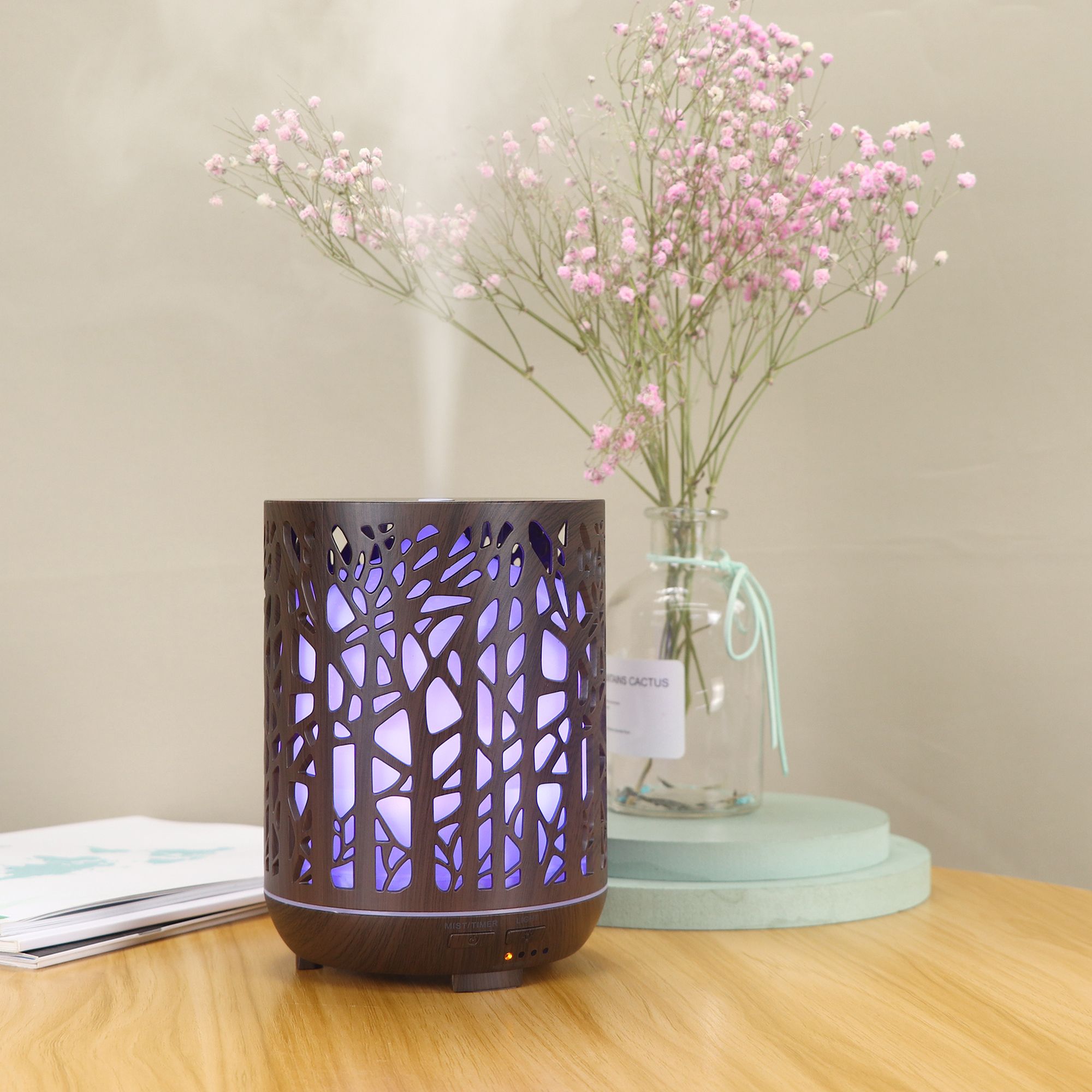 300ML wood grain forest hollowed-out humidifier with seven-color light aroma diffuser Specification image