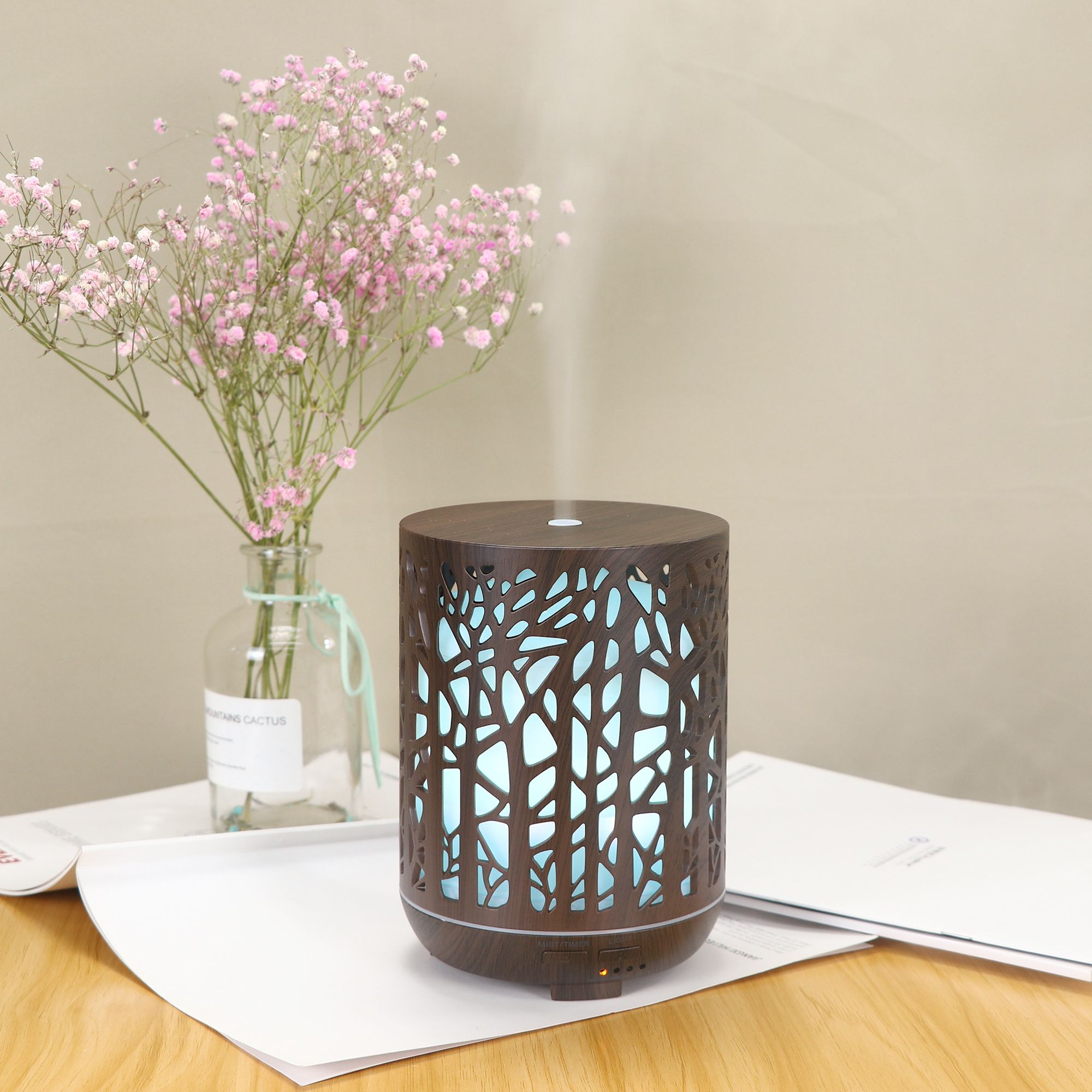 300ML wood grain forest hollowed-out humidifier with seven-color light aroma diffuser details Picture