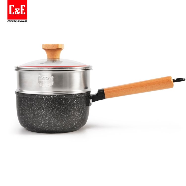 C&E创艺厨具榞木双层奶蒸锅高度熟铁打造天然榞木手柄麦饭石 奶锅 蒸煮一体