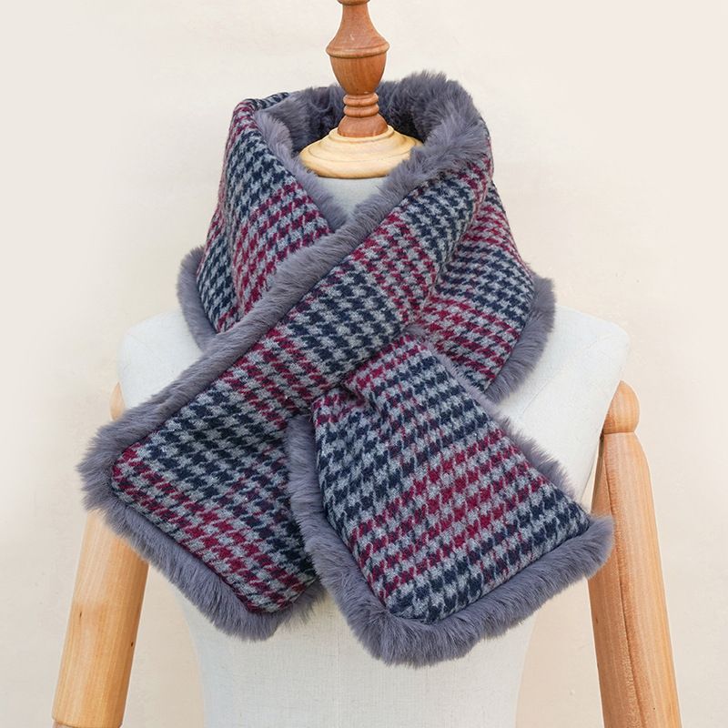 Jane Eyre Siyuan 2022 Korean Version Autumn and Winter Warm thickened fleece Imitation Rabbit Fur Scarf, Women's cross scarf, checkered fur scarf Item Picture