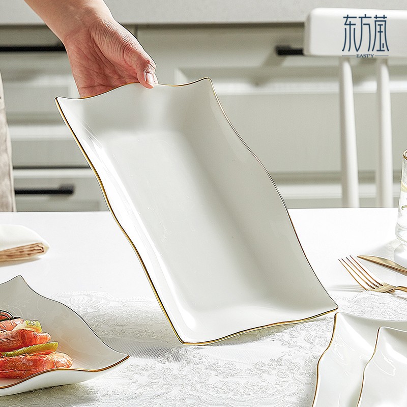 Ceramic plates, fish plates, bone China long plates, lace fish plates, wavy fish plates, irregular-shaped plates, high-appearation-level fish plates, household tableware detail image 5