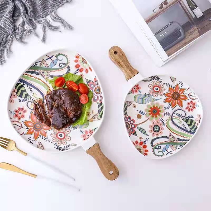 蝶恋花系列 高温哑光釉中彩相思木把手陶瓷盘 牛排盘西餐盘意面盘详情图2