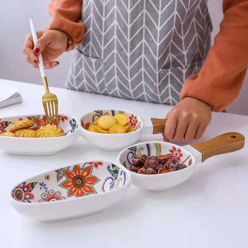 蝶恋花系列 高温哑光釉中彩创意陶瓷餐具相思木把手陶瓷盘家用图