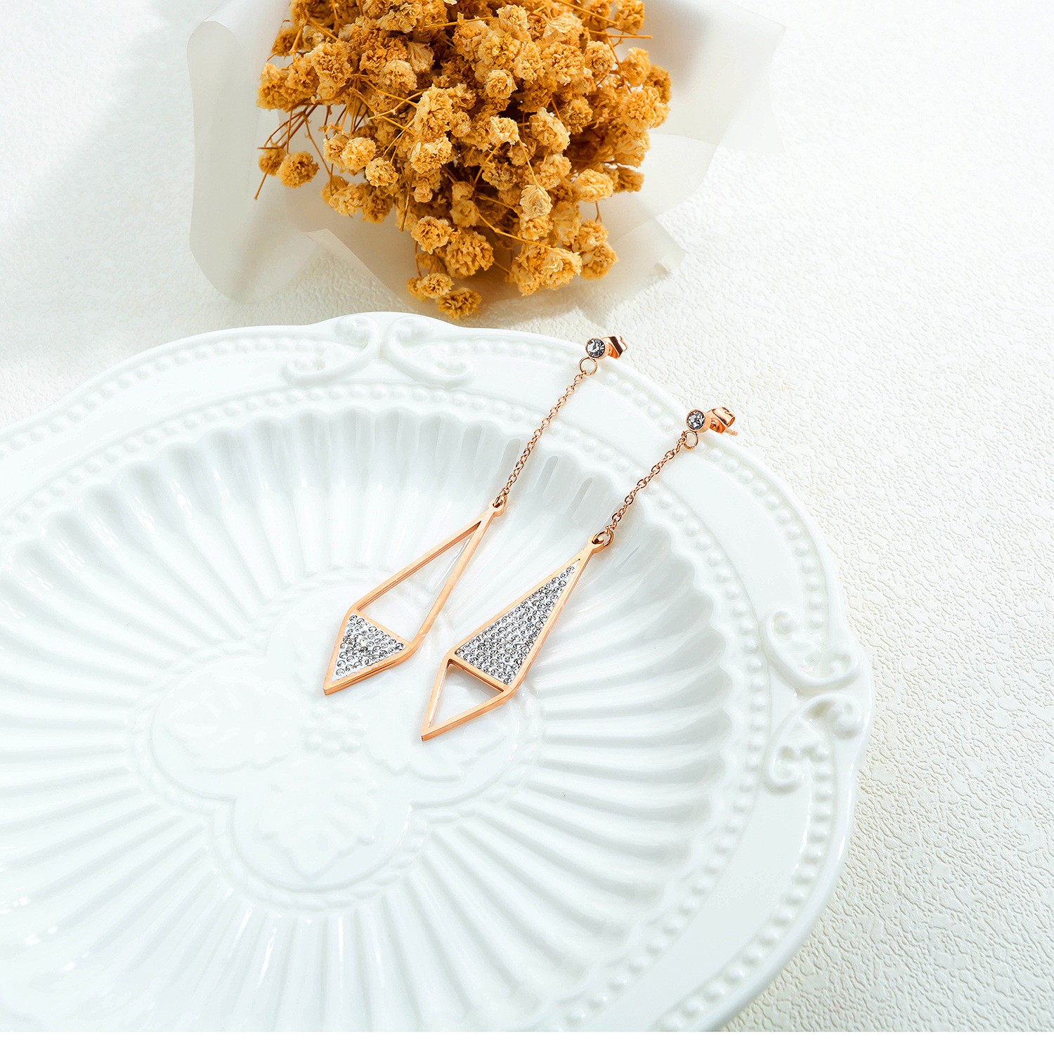 OPK Japanese and Korean fashion earrings Titanium steel women's stud earrings Zircon diamond Full diamond earrings Women's versatile tassel earrings detail image 3
