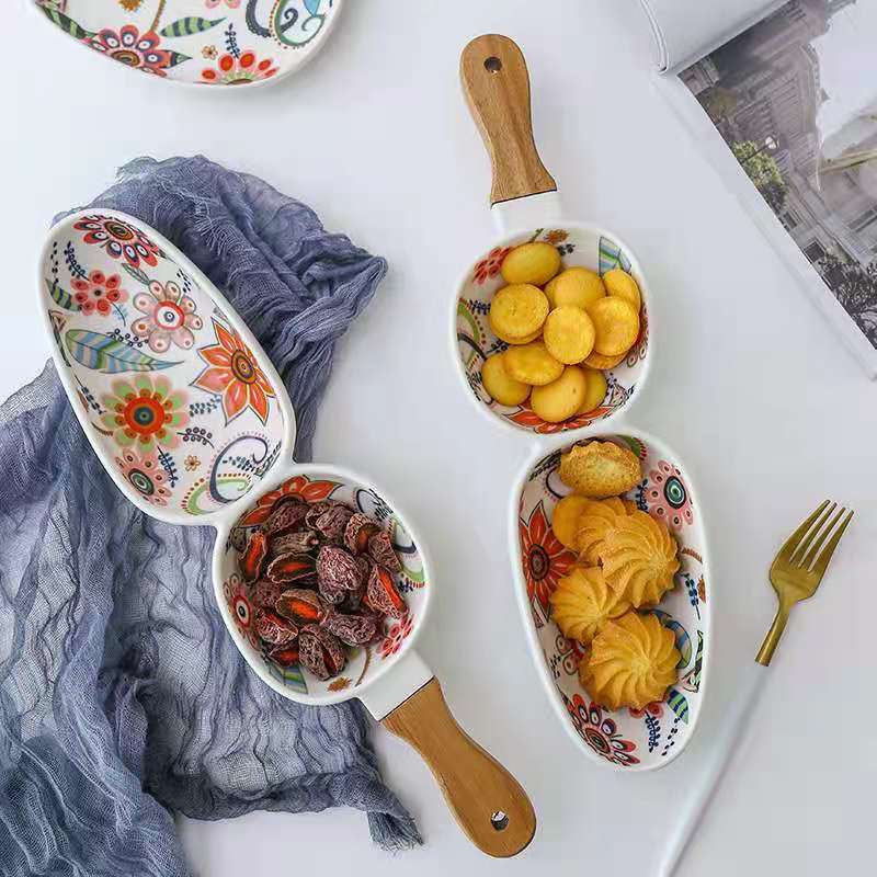 Butterfly Love Flower Series high-temperature matte glaze mid-color creative ceramic tableware, Acacia wood handle ceramic plate for home use details Picture