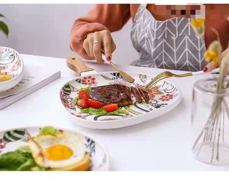 蝶恋花系列 高温哑光釉中彩相思木把手陶瓷盘 牛排盘西餐盘意面盘详情图9