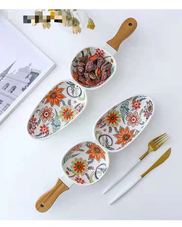 蝶恋花系列 高温哑光釉中彩创意陶瓷餐具相思木把手陶瓷盘家用详情图8