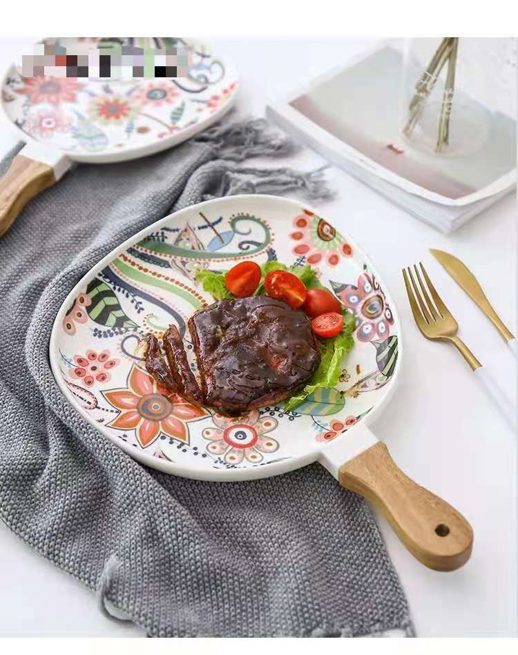 蝶恋花系列 高温哑光釉中彩相思木把手陶瓷盘 牛排盘西餐盘意面盘详情图10