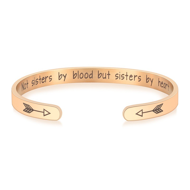 diy Titanium steel bracelet Not blood but sisters by heart Stainless steel C-shaped engraved bracelet detail image 6
