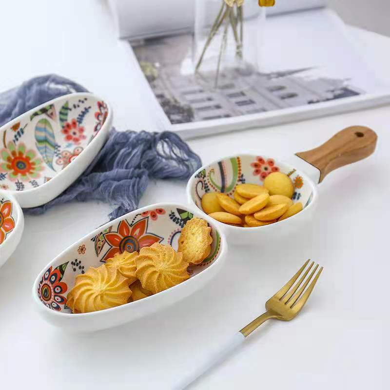 Butterfly Love Flower Series high-temperature matte glaze mid-color creative ceramic tableware, Acacia wood handle ceramic plate for home use Item Picture