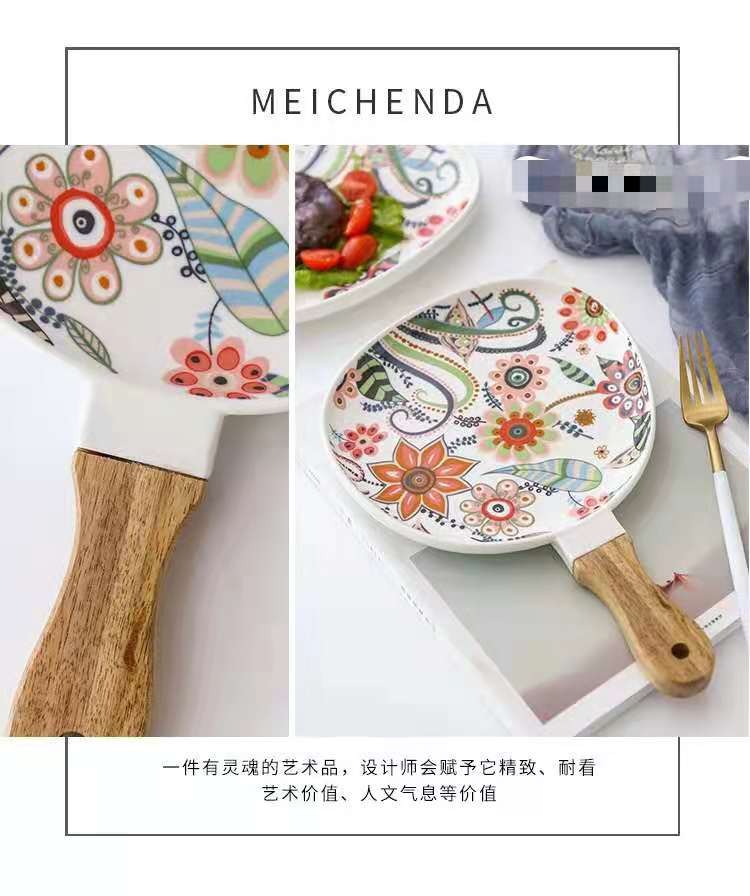 蝶恋花系列 高温哑光釉中彩相思木把手陶瓷盘 牛排盘西餐盘意面盘详情图11