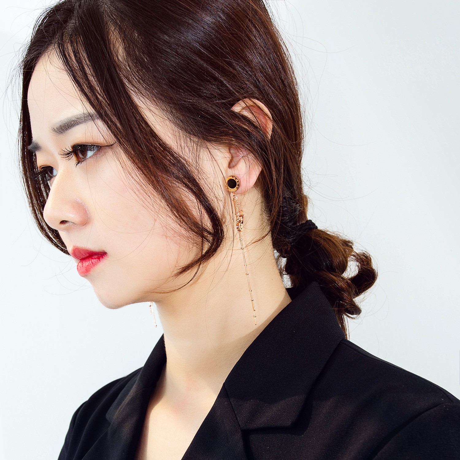 Classic Roman numeral earrings from Japan and South Korea, long and versatile, elegant stainless steel stud earrings, titanium steel tassel earrings for women detail image 5