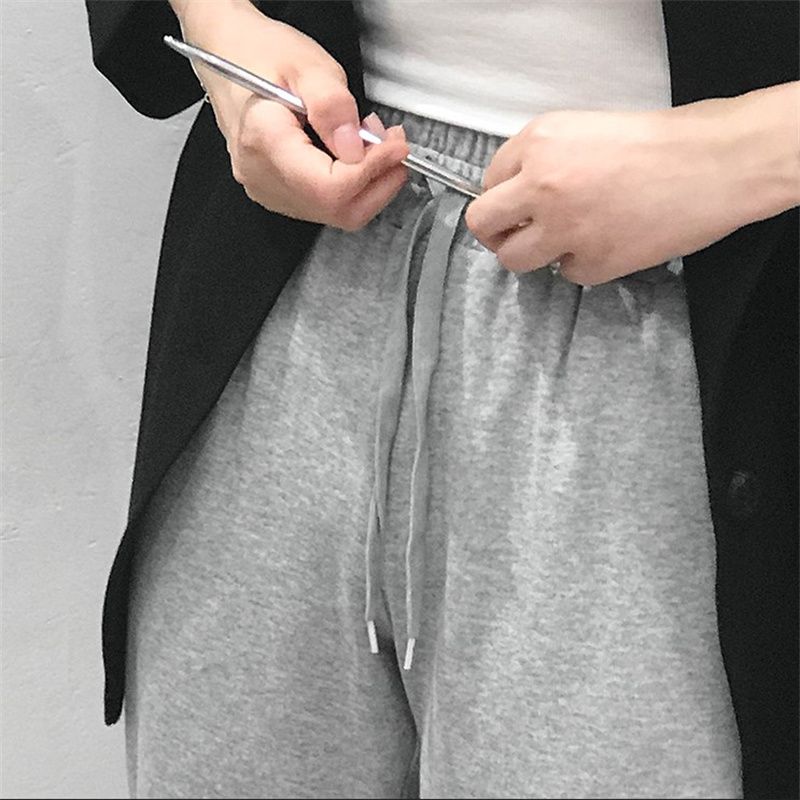 Grey summer thin sportswear pants for women, Daisy drawstring loose tight-fitting straight leg 9-inch casual wide-leg pants 35
