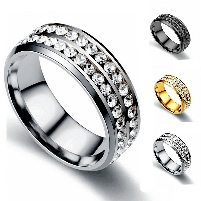 Cross-border best-selling titanium steel double-row diamond rings from Europe and America, Korean-style fashionable stainless steel diamond-encrusted couple rings and women's accessories