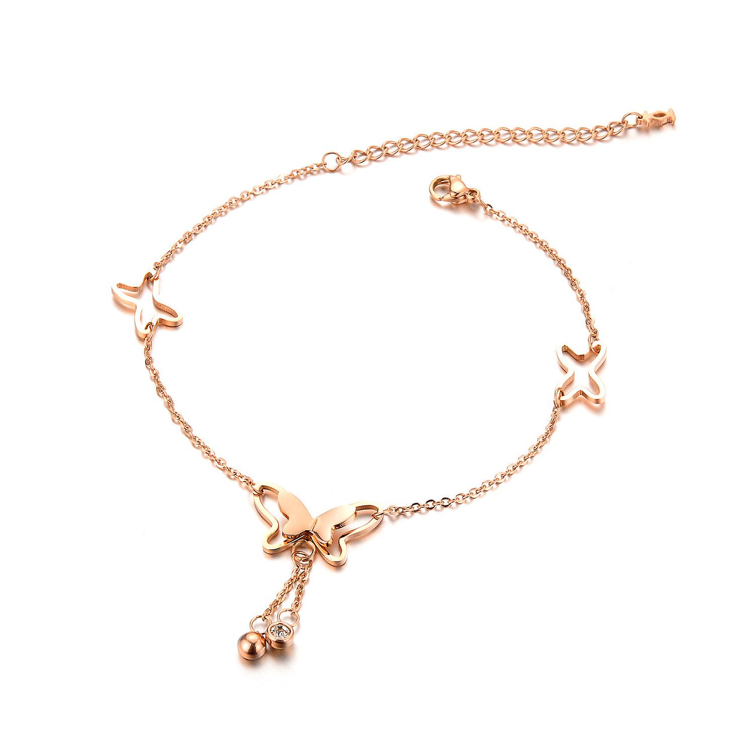 Summer accessories: Beautiful rose gold-plated fashionable anklets wholesale, exquisite bow and diamond-encrusted zircon anklets