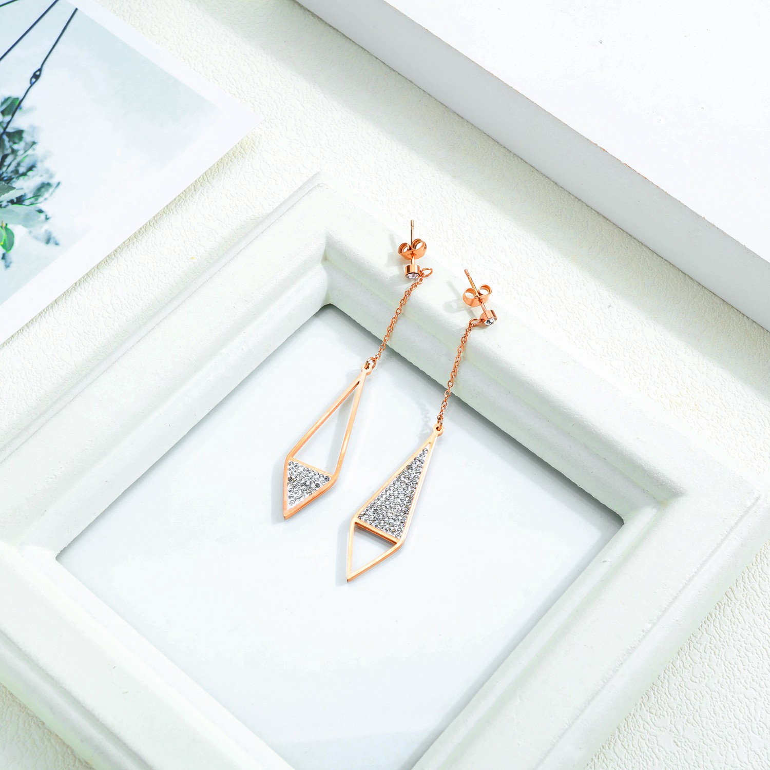 OPK Japanese and Korean fashion earrings Titanium steel women's stud earrings Zircon diamond Full diamond earrings Women's versatile tassel earrings detail image 4